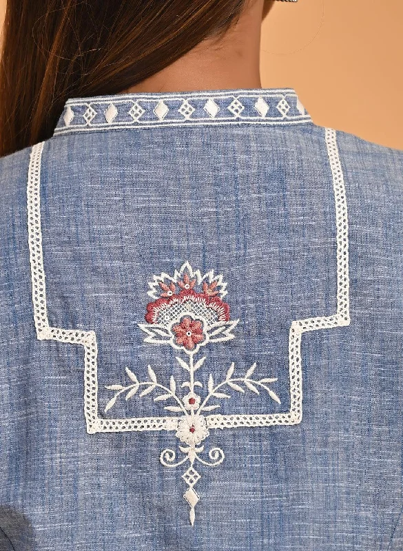 Blue Embroidered Slub Tunic