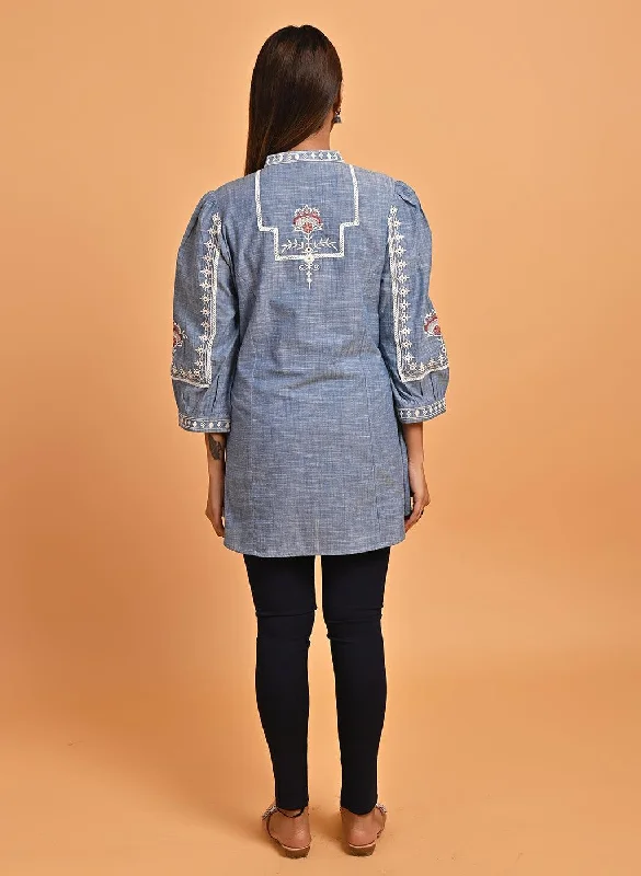 Blue Embroidered Slub Tunic