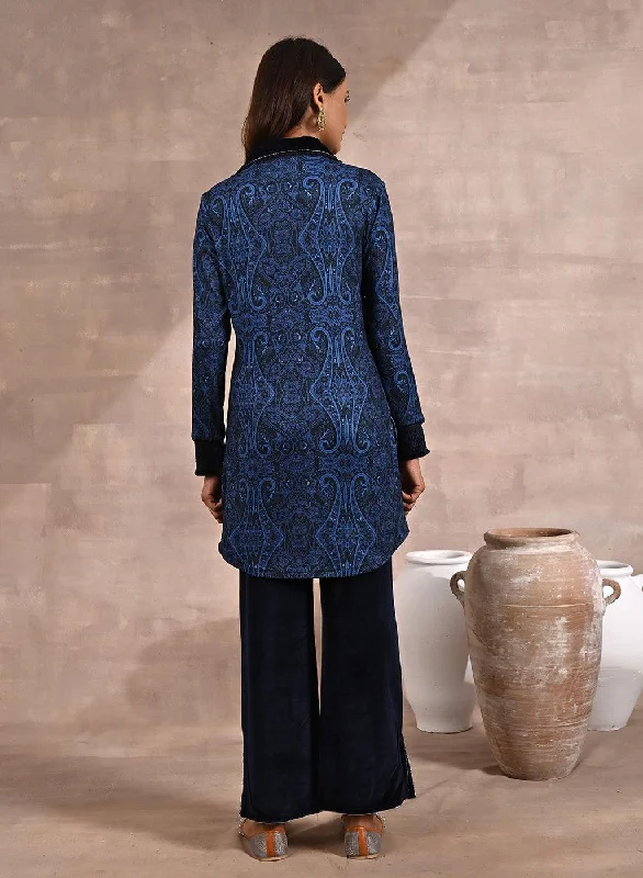 Blue Printed Tunic with Embroidery on Collar