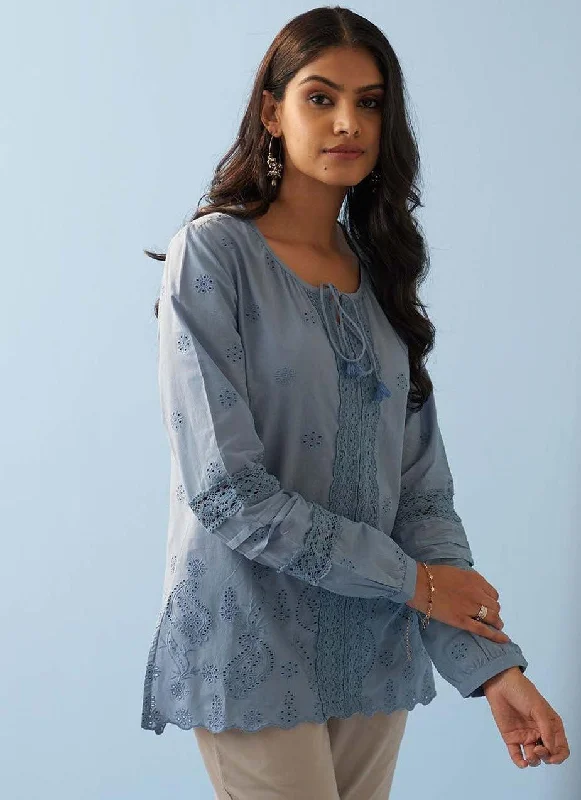 Blue Schiffli Embroidered Tunic with Lace Insert