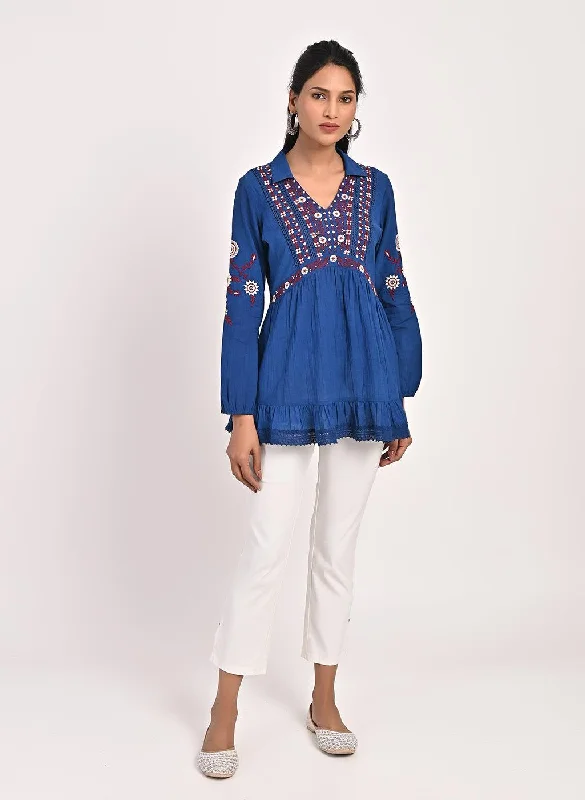 Blue Thigh-length Boho Tunic with Collar and Full Sleeves