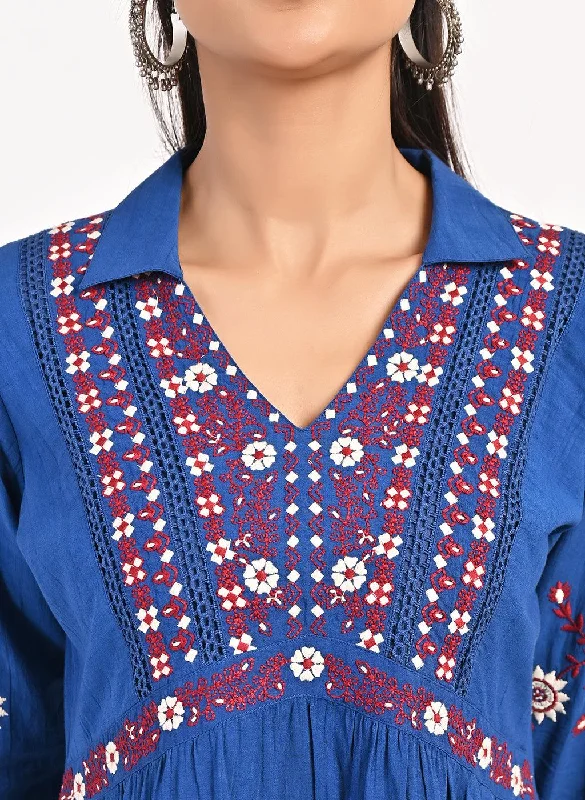 Blue Thigh-length Boho Tunic with Collar and Full Sleeves