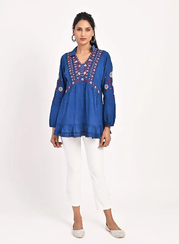 Blue Thigh-length Boho Tunic with Collar and Full Sleeves