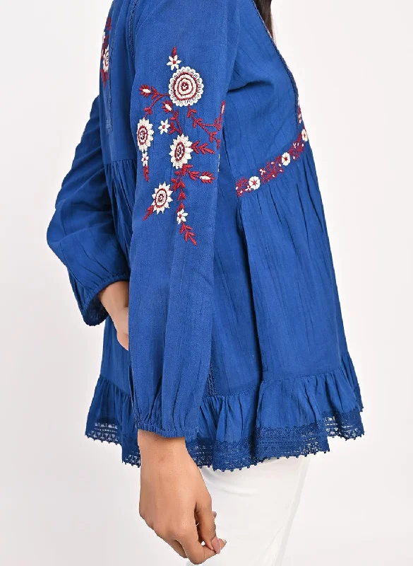 Blue Thigh-length Boho Tunic with Collar and Full Sleeves