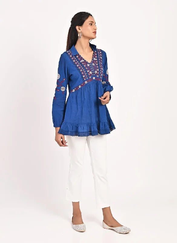 Blue Thigh-length Boho Tunic with Collar and Full Sleeves