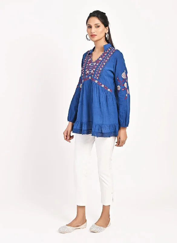 Blue Thigh-length Boho Tunic with Collar and Full Sleeves