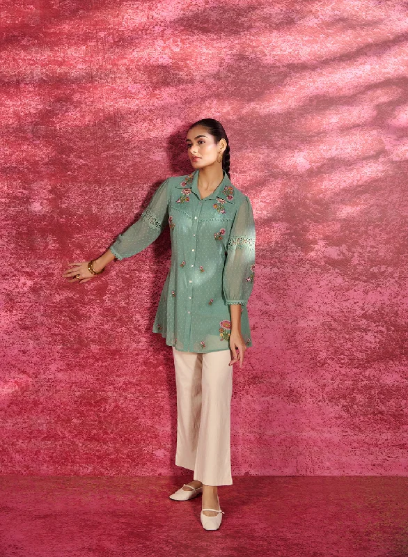 Breeze Sea Green Embroidered Georgette Shirt for Women