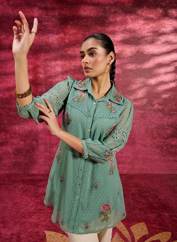 Breeze Sea Green Embroidered Georgette Shirt for Women