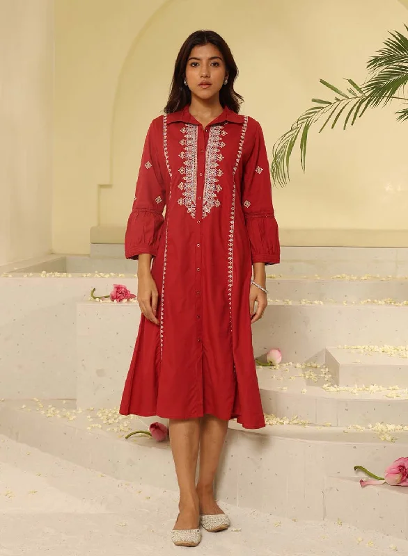 Brick Red Embroidered Ethnic Dress