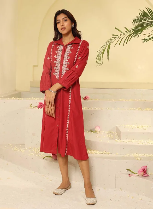 Brick Red Embroidered Ethnic Dress