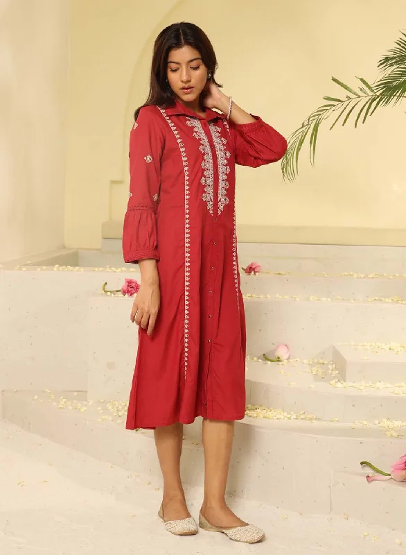 Brick Red Embroidered Ethnic Dress