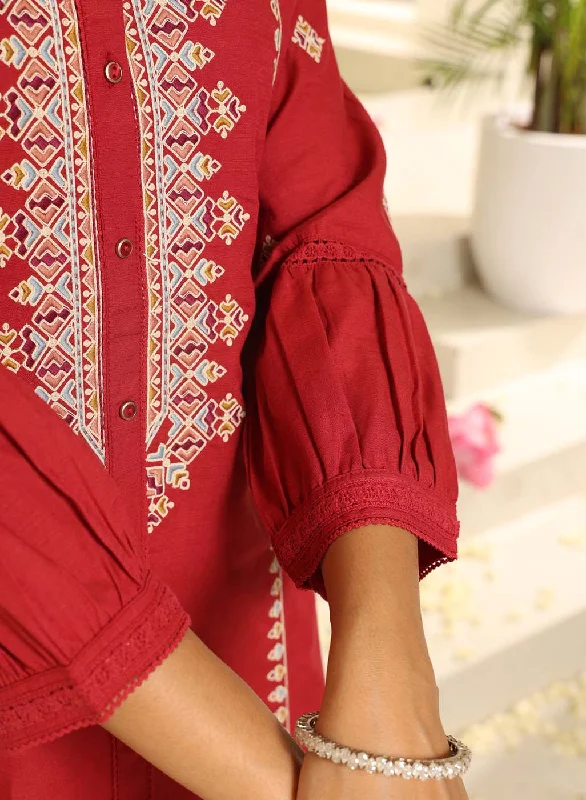 Brick Red Embroidered Ethnic Dress