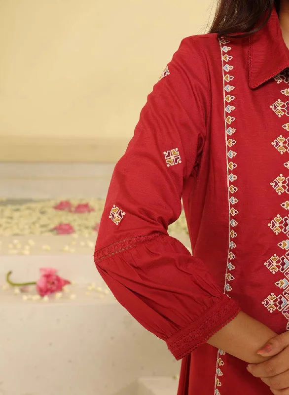 Brick Red Embroidered Ethnic Dress