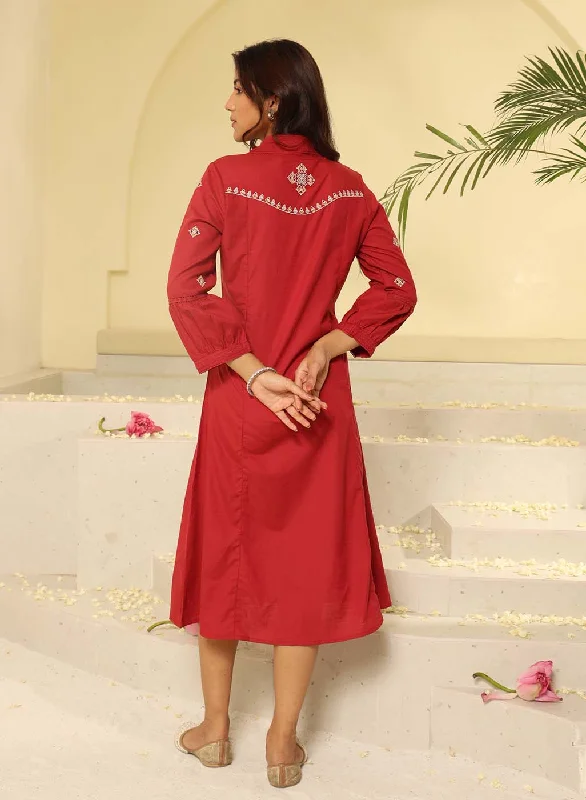 Brick Red Embroidered Ethnic Dress