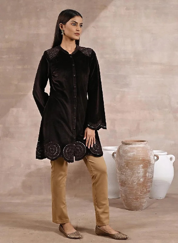 Brown Velvet Tunic with Cut Work & Hand Embroidery