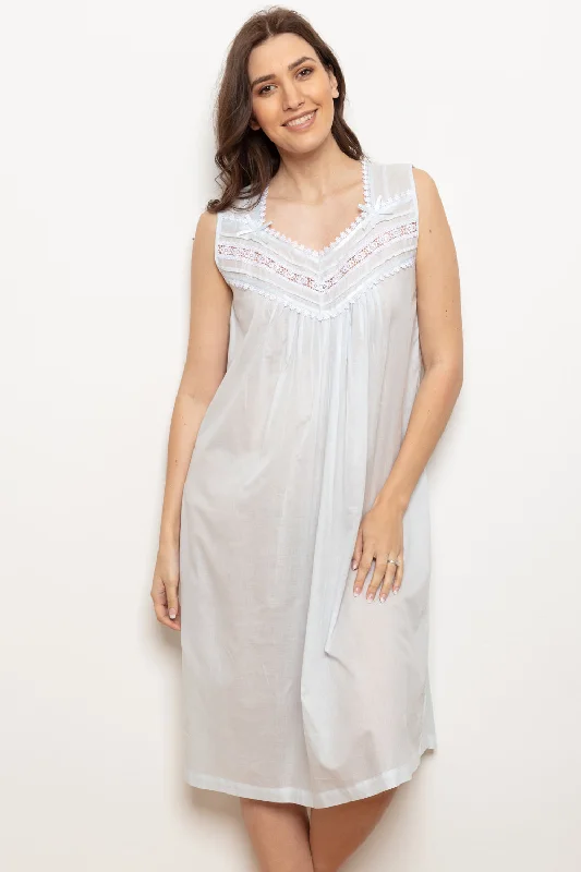 Cottonreal 'Raffas' Cotton Voile Sleeveless Nightdress - Pale Blue