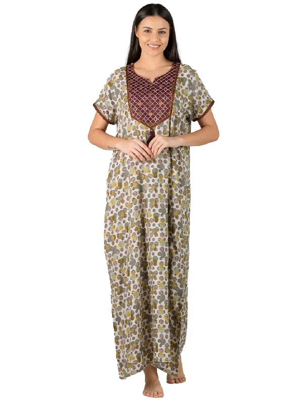 Evolove Loose Fit Nighty Long Maxi Sleepwear Nightgown for Women's or Ladies with Stylish Button or Zipper Viscose Liva Printed Super Soft Comfortable Design