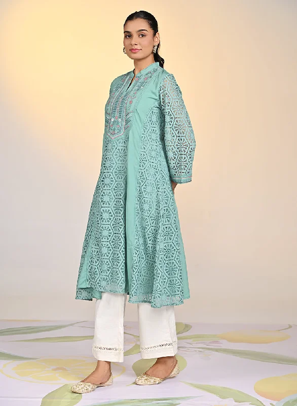 Fariha Carnation Green Embroidered Raschel
Net Dress for Women