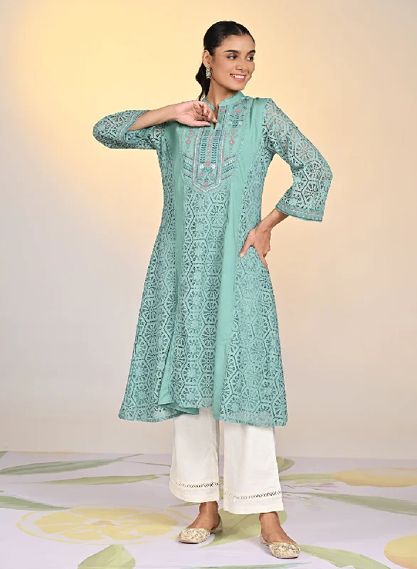 Fariha Carnation Green Embroidered Raschel
Net Dress for Women