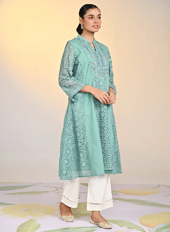 Fariha Carnation Green Embroidered Raschel
Net Dress for Women