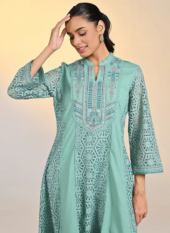 Fariha Carnation Green Embroidered Raschel
Net Dress for Women