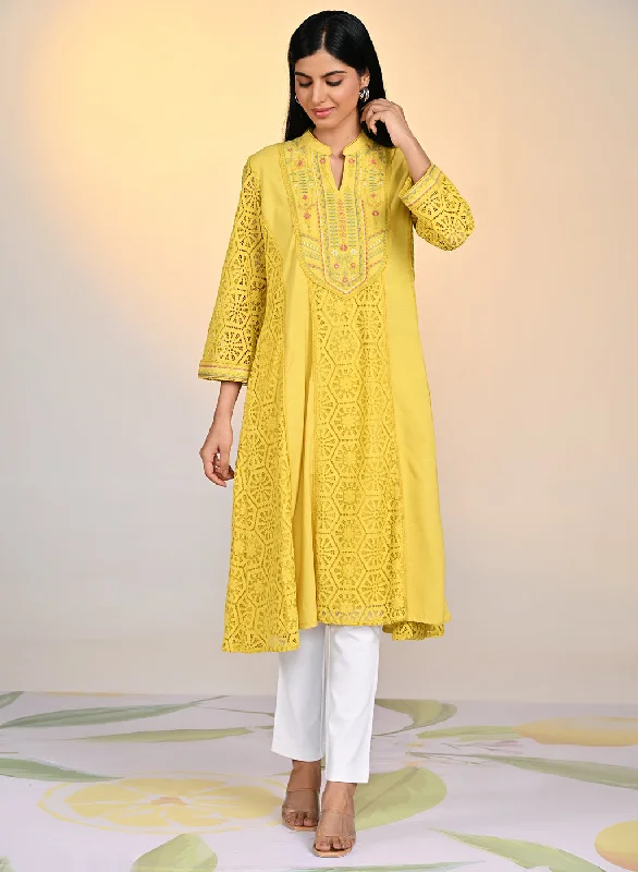 Fariha Carnation Yellow Embroidered Raschel
Net Dress for Women