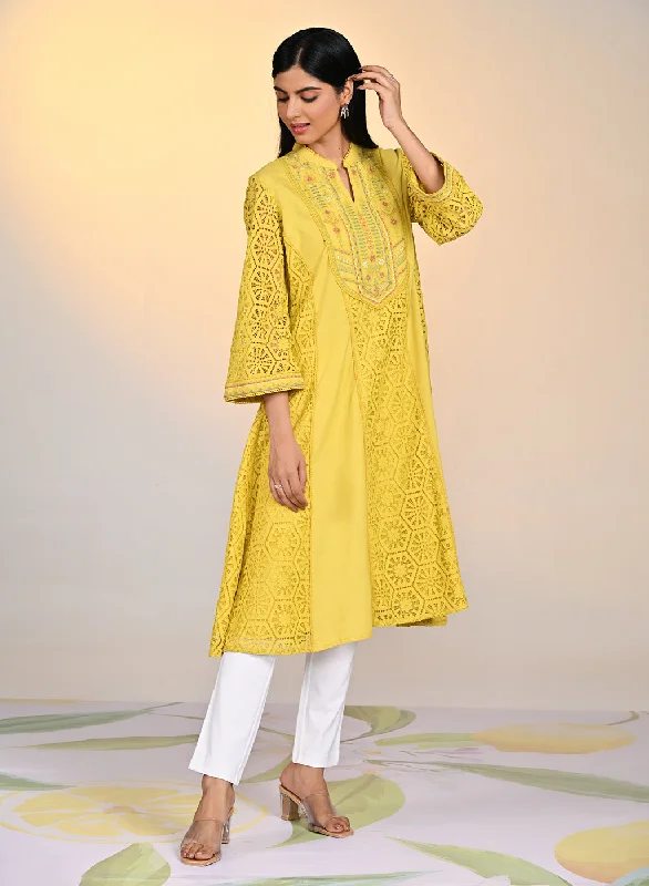 Fariha Carnation Yellow Embroidered Raschel
Net Dress for Women