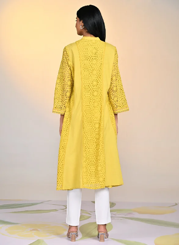 Fariha Carnation Yellow Embroidered Raschel
Net Dress for Women