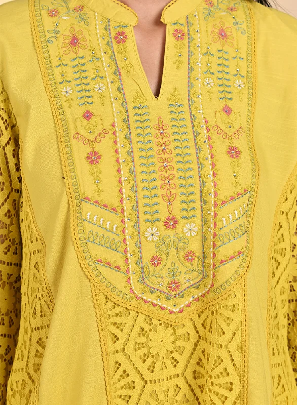 Fariha Carnation Yellow Embroidered Raschel
Net Dress for Women