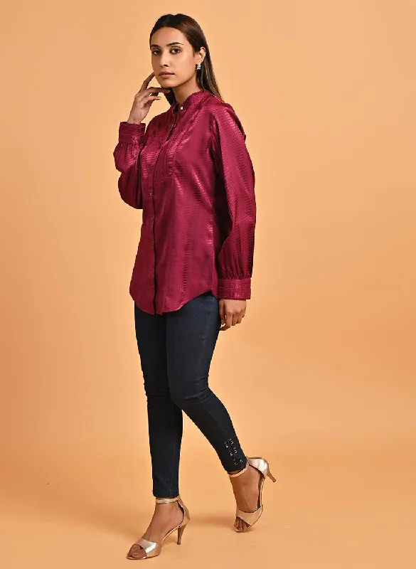 Fuchsia Satin Shirt with Balloon Sleeves and Open Front