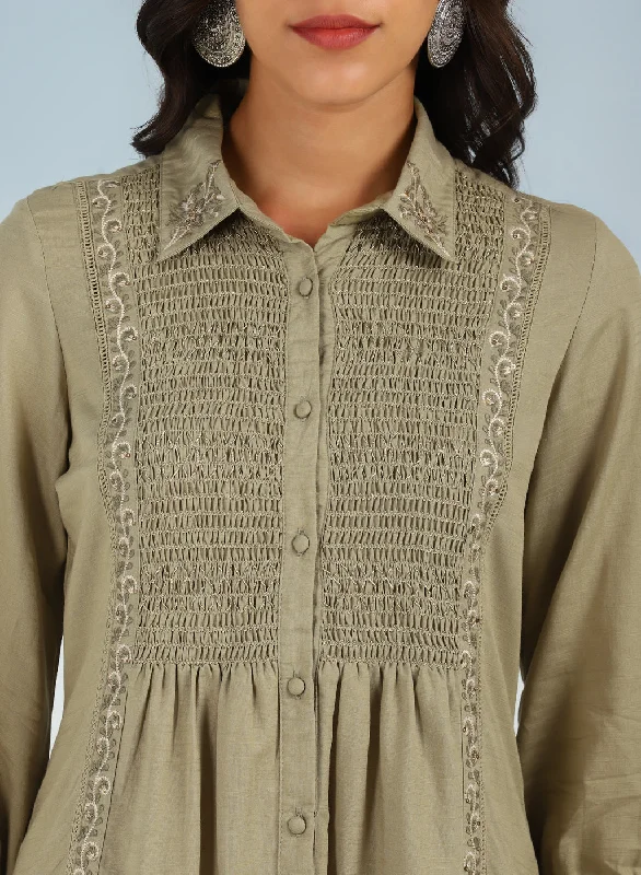 Green A Line Tunic with Smocking Front and Classic Collar