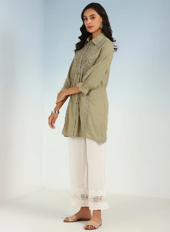 Green A Line Tunic with Smocking Front and Classic Collar