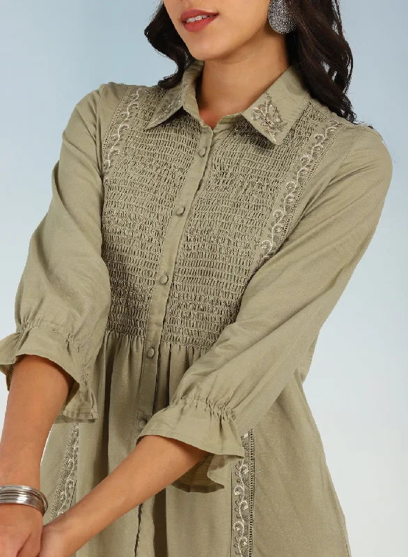 Green A Line Tunic with Smocking Front and Classic Collar