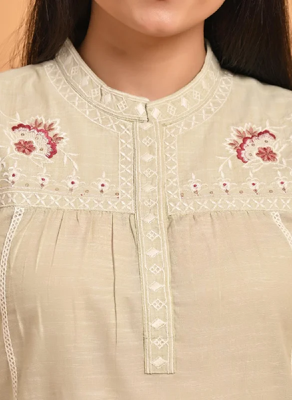 Green Embroidered Slub Tunic