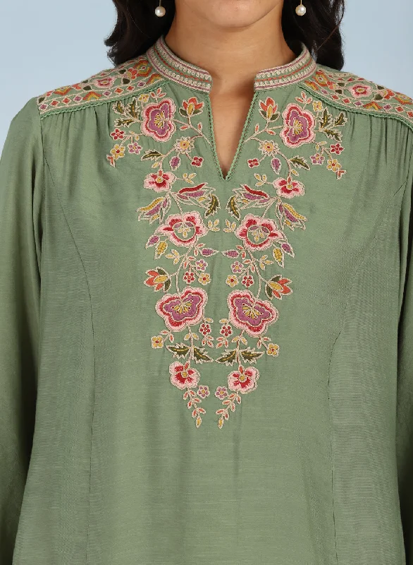 Green Floral Tunic with Shoulder Gathers