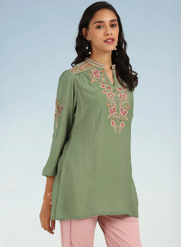 Green Floral Tunic with Shoulder Gathers