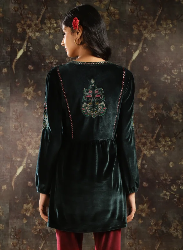 Green Velvet Tunic with Threadwork and Tassels