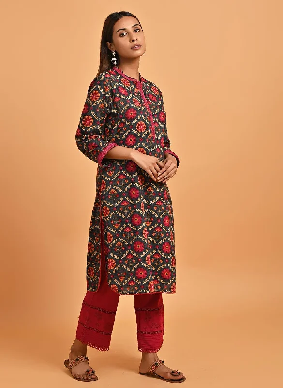 Grey Ethnic Printed Kurta with Lace Detailing