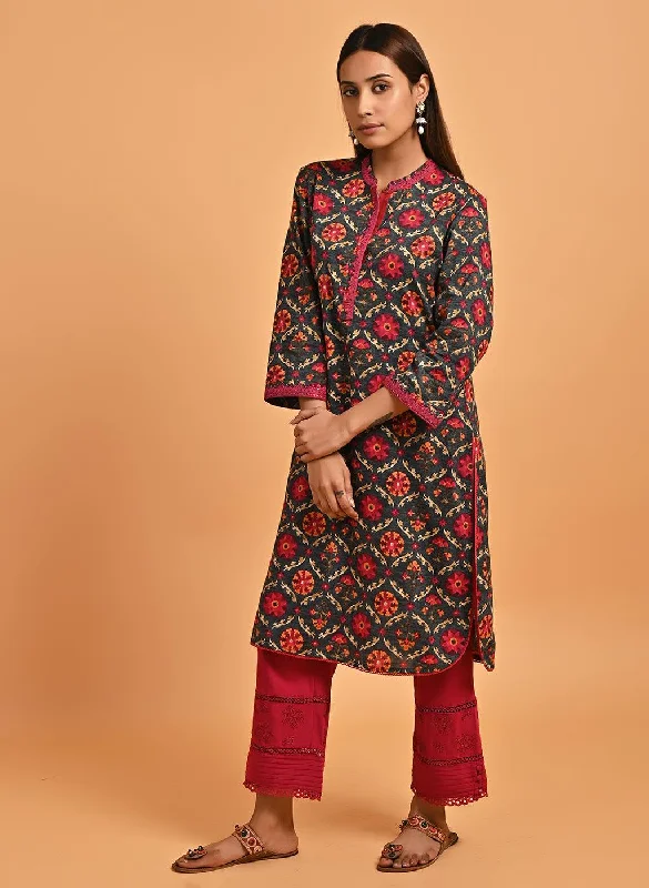 Grey Ethnic Printed Kurta with Lace Detailing