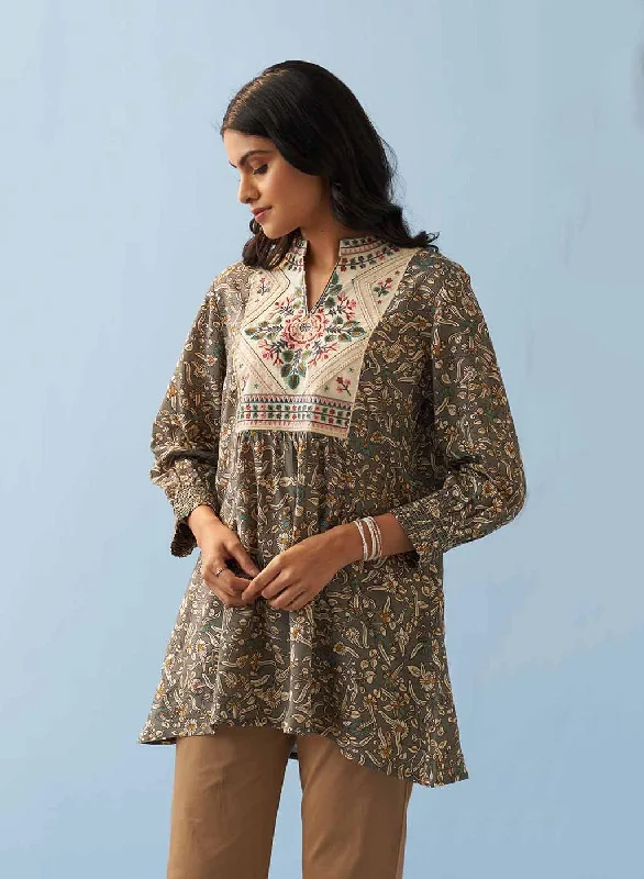 Grey Multi Color Printed Short Tunic with Yoke Embroidery