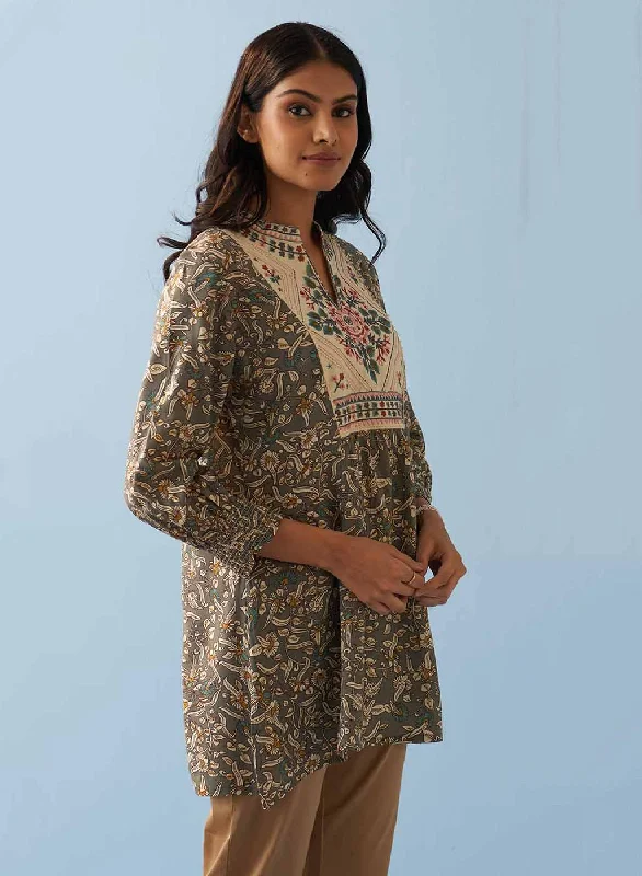 Grey Multi Color Printed Short Tunic with Yoke Embroidery