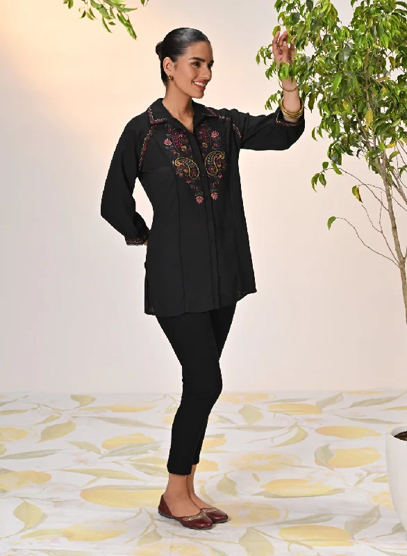 Gul Black Embroidered Crepe Shirt for Women