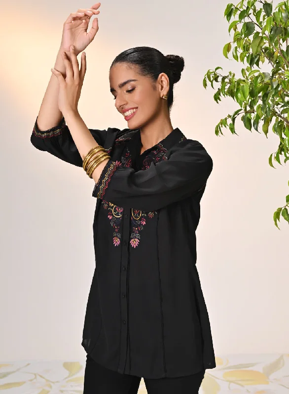 Gul Black Embroidered Crepe Shirt for Women