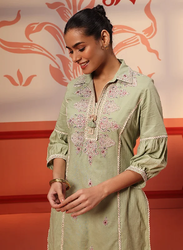 Hayaat Basil Green Embroidered Cotton Linen Tunic for Women