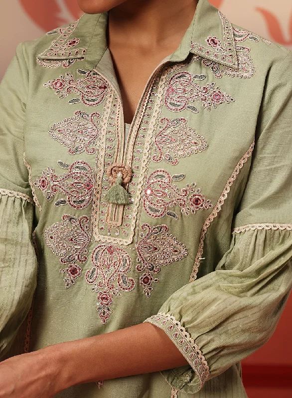 Hayaat Basil Green Embroidered Cotton Linen Tunic for Women