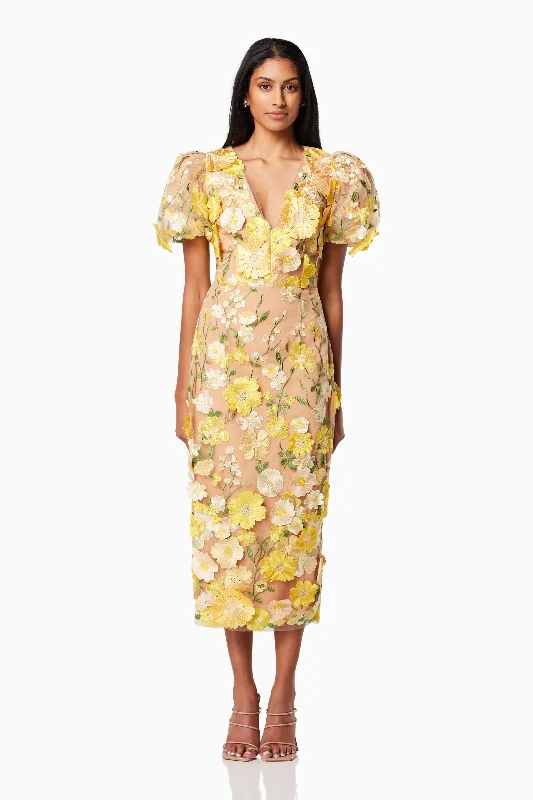 Indie 3D Floral Midi Dress In Yellow