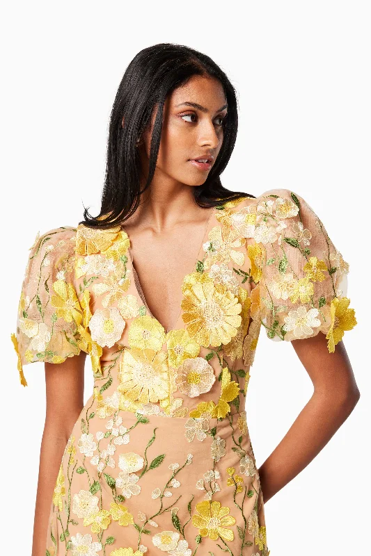 Indie 3D Floral Midi Dress In Yellow