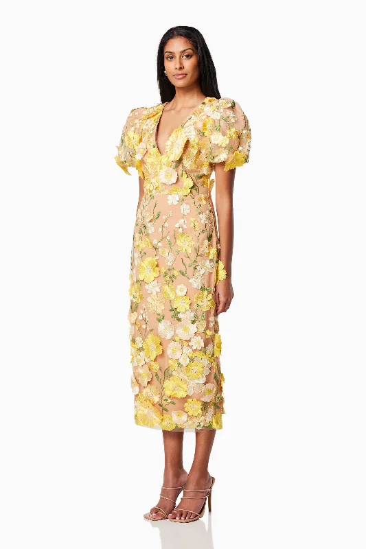 Indie 3D Floral Midi Dress In Yellow