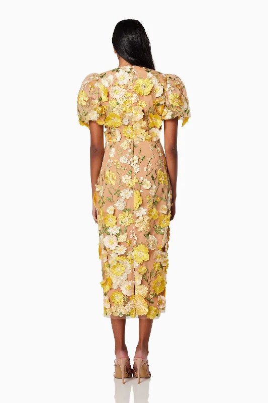 Indie 3D Floral Midi Dress In Yellow