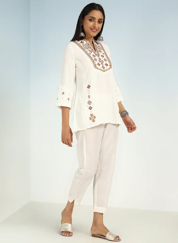 Ivory Tunic with Front Yoke Embroidery Detail